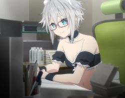 Rule 34 | 1girl, alternate costume, bare shoulders, blue eyes, breasts, chair, choker, cleavage, collarbone, date a live, enmaided, glasses, hair between eyes, highres, honjou nia, maid, maid headdress, navel, no bra, off shoulder, pencil, screencap, short hair, silver hair, sitting, small breasts, smile, stitched, stomach, strapless, third-party edit