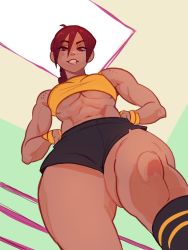 Rule 34 | 1girl, abs, breasts, dark-skinned female, dark skin, freckles, from below, highres, looking at viewer, looking down, muscular, muscular female, neal d. anderson, ponytail, red eyes, red hair, shorts, smile, socks, solo, sports bra, sportswear, tank top, thick thighs, thighs, toned, underboob
