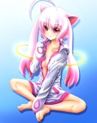 Rule 34 | 10s, 1girl, ahoge, animal ears, barefoot, breasts, cat ears, cleavage, crossed legs, evandragon, feet, highres, hood, jacket, kyubey, long hair, mahou shoujo madoka magica, mahou shoujo madoka magica (anime), no bra, no pants, open clothes, open jacket, personification, pink hair, red eyes, sitting, sleeves past wrists, smile, solo, twintails, unzipped