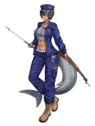 1girl anchor black_hair blue_jacket blue_pants breasts brown_footwear crop_top dairoku_ryouhei dark-skinned_female dark_skin fins fish_tail full_body grey_shirt gun harpoon holding holding_gun holding_weapon jacket jewelry kemuri_(etep3372) long_sleeves medium_breasts mouth_hold navel necklace open_clothes open_jacket pants pocket shark_tail shirt short_hair smoking solo standing tail tan toned toned_female transparent_background weapon