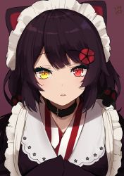 Rule 34 | 1girl, animal ears, black choker, black hair, black kimono, blush, choker, commentary, dog ears, hair ornament, heterochromia, highres, inui toko, japanese clothes, kimono, long hair, looking at viewer, maid, maid headdress, nejime, nijisanji, parted bangs, parted lips, purple background, red eyes, signature, simple background, solo, striped, swept bangs, upper body, vertical stripes, virtual youtuber, wa maid, yellow eyes