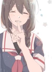 Rule 34 | 1girl, black hair, black serafuku, braid, closed eyes, facing viewer, finger to mouth, flower, grin, hair over shoulder, kantai collection, neckerchief, red neckerchief, rinto (rint rnt), school uniform, serafuku, shigure (kancolle), simple background, smile, solo, upper body, white background