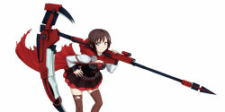 Rule 34 | 1girl, cape, corset, dress, long sleeves, puffy long sleeves, puffy sleeves, ruby rose, rwby, scythe, short hair, grey eyes, solo, thighhighs, weapon