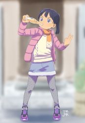 Rule 34 | 1girl, black hair, blue eyes, blurry, blurry background, bottle, drinking, female focus, jacket, original, ponytail, satsuyo, scarf, shoes, skirt, sneakers, solo, standing, thighhighs, v