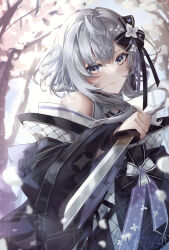 Rule 34 | 1girl, bow, cherry blossoms, dagger, dimazu, flower, grey eyes, grey hair, hair bow, hair flower, hair ornament, highres, holding, holding dagger, holding knife, holding weapon, hololive, hololive indonesia, japanese clothes, kimono, knife, light smile, looking at viewer, looking away, off shoulder, official alternate costume, official alternate hairstyle, outdoors, pointing weapon, short hair, solo, upper body, vestia zeta, vestia zeta (new year), virtual youtuber, weapon, wide sleeves