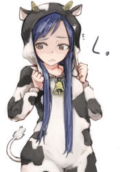Rule 34 | 1girl, animal costume, bell, blue hair, breast conscious, brown eyes, cow costume, cow tail, cowbell, highres, horns, idolmaster, idolmaster (classic), kisaragi chihaya, long hair, raised eyebrow, simple background, solo, tail, toro3, white background