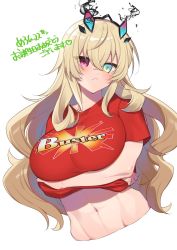 Rule 34 | 1girl, abs, barghest (fate), blonde hair, blue eyes, blush, breasts, buster shirt, fate/grand order, fate (series), heterochromia, highres, horns, kan&#039;yu (citron 82), large breasts, long hair, looking at viewer, navel, red eyes, red shirt, shirt, solo, t-shirt, translation request