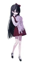 Rule 34 | 1girl, absurdres, black eyes, black hair, blush, bobby socks, bow, dress, expressionless, full body, hair bow, hair over one eye, highres, holding, holding stuffed toy, long hair, looking at viewer, mary janes, neck ribbon, nitrio, original, parted lips, pinafore dress, red bow, red dress, red ribbon, ribbon, shirt, shoes, simple background, sleeveless, sleeveless dress, socks, solo, stuffed animal, stuffed rabbit, stuffed toy, very long hair, white background, white shirt, white socks