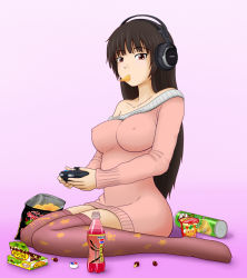 Rule 34 | 1girl, alternate costume, bad id, bad pixiv id, bag, bare shoulders, black hair, blunt bangs, bottle, boukun habanero, breasts, brown hair, chili pepper, chips (food), cleavage, collarbone, contemporary, controller, covered erect nipples, curvy, dress, female focus, food, game console, game controller, gamepad, habanero pepper, headphones, hip focus, houraisan kaguya, impossible clothes, impossible shirt, impossible sweater, kinoko no yama, kneeling, large breasts, long hair, looking at viewer, mouth hold, no pants, patterned legwear, pepsi, pepsi azuki, pink theme, potato chips, pringles, print thighhighs, product placement, purple thighhighs, red eyes, shirt, simpson (gonpurin), sitting, solo, sony, straight hair, sweater, sweater dress, thighhighs, touhou, wariza, xbox, zettai ryouiki