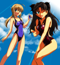 Rule 34 | 2girls, absurdres, alternate costume, artoria pendragon (all), artoria pendragon (fate), black hair, blonde hair, bottle, competition swimsuit, fate/stay night, fate/zero, fate (series), gentoku, green eyes, highres, long hair, long legs, multiple girls, official alternate costume, one-piece swimsuit, saber (fate), saber (summer battle clothes) (fate), swimsuit, tohsaka rin, twintails, two side up