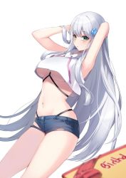 Rule 34 | 1girl, armpits, arms behind head, arms up, bare arms, bare shoulders, blue shorts, breasts, chest harness, cowboy shot, crop top, crop top overhang, cross hair ornament, denim, denim shorts, drawstring, facial mark, girls&#039; frontline, green eyes, hair ornament, harness, highleg, highres, hk416 (girls&#039; frontline), long hair, looking at viewer, medium breasts, micro shorts, midriff, navel, no bra, parted lips, revealing clothes, revision, shirt, short shorts, shorts, simple background, sleeveless, sleeveless shirt, solo, stomach, strap, thighs, thong, torn clothes, torn shorts, ugwa, underboob, very long hair, white background, white hair, white shirt