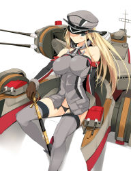 Rule 34 | 10s, 1girl, bismarck (kancolle), blonde hair, blue eyes, breasts, brown gloves, detached sleeves, gloves, grey thighhighs, hat, highres, kantai collection, large breasts, long hair, mecha musume, military, military hat, military uniform, peaked cap, sheath, sheathed, solo, sword, thighhighs, uniform, weapon, zekkyon
