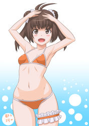 Rule 34 | 1girl, antenna hair, armpits, arms up, bikini, blue background, breasts, bridal garter, brown eyes, brown hair, collarbone, double bun, gradient background, hair bun, highres, kantai collection, looking at viewer, naka (kancolle), orange bikini, small breasts, solo, standing, swimsuit, t2r, white background