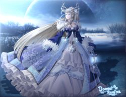 Rule 34 | antlers, blue dress, blue eyes, blue gloves, breasts, cleavage, crown, death, donnetramirez, dress, eir (fire emblem), fire emblem, fire emblem heroes, fluff, frilled dress, frills, gloves, high ponytail, highres, horns, jewelry, lake, lantern, long hair, long sleeves, moon, necklace, nintendo, ponytail, silver hair, snow, snowflakes, solo, very long hair, white dress, winter, winter clothes
