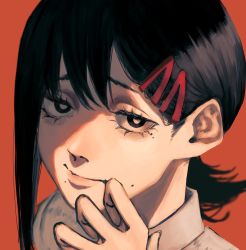 Rule 34 | 1girl, black hair, bonjindaaa, chainsaw man, collared shirt, hair ornament, hairclip, higashiyama kobeni, highres, light rays, light smile, looking at another, medium hair, mole, mole under mouth, multiple moles, red background, shadow, shirt, short ponytail, simple background, single sidelock, solo, white shirt