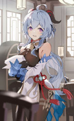 Rule 34 | 1girl, ahoge, bare shoulders, bell, black gloves, black legwear, blue hair, blush, breasts, chinese knot, detached sleeves, flower knot, ganyu (genshin impact), genshin impact, gloves, gold trim, highres, holding, holding paper, horns, indoors, long hair, looking at viewer, medium breasts, motto (night wear), neck bell, open mouth, paper, purple eyes, red rope, rope, sideboob, sidelocks, sketch, smile, solo, standing, tassel, thighlet, vision (genshin impact), white sleeves