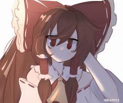Rule 34 | 1girl, arm behind head, arm up, artist name, bow, brown eyes, brown hair, closed mouth, detached sleeves, hair between eyes, hair bow, hair tubes, hakurei reimu, kappce, long hair, looking at viewer, red bow, simple background, solo, swept bangs, touhou, twitter username, upper body, white background