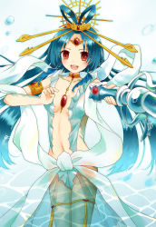 Rule 34 | 1girl, :d, armlet, blue hair, breasts, cleavage, djinn equip, forehead jewel, hair ornament, hair stick, highres, holding, long hair, looking at viewer, magi the labyrinth of magic, medium breasts, navel, open mouth, polearm, red eyes, ren kougyoku, smile, solo, trident, weapon, yon (letter)