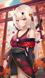 Rule 34 | 1girl, absurdres, arm behind back, autumn leaves, bare shoulders, breasts, cleavage, detached sleeves, highres, hololive, horns, long hair, long sleeves, looking at viewer, medium breasts, nakiri ayame, outdoors, raurashun, skin-covered horns, smile, solo, virtual youtuber, white hair