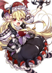 Rule 34 | 10s, 1girl, 218, adapted costume, bat wings, black skirt, blonde hair, bonnet, fang, flower, frilled skirt, frills, granblue fantasy, head wings, lantern, lolita fashion, long hair, long sleeves, open mouth, pantyhose, petticoat, red eyes, red flower, red rose, rose, shingeki no bahamut, simple background, skirt, solo, striped clothes, striped pantyhose, vampire, vampy, white background, wings