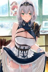 Rule 34 | 2girls, :d, alternate costume, blush, breasts, cleavage, clothes lift, commentary, dress, dress lift, enmaided, eyepatch, garter belt, green eyes, grey hair, headband, hews, highres, hololive, houshou marine, lace, lace-trimmed legwear, lace trim, large breasts, mace, maid, mole, mole on breast, multiple girls, open mouth, peeking, red eyes, red hair, shirogane noel, shirogane noel (1st costume), smile, thighhighs, virtual youtuber, weapon, white legwear, window, wrist cuffs