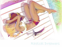 Rule 34 | 1girl, barefoot, blonde hair, breasts, bride, chrono (series), chrono cross, dagger, dark-skinned female, dark skin, ebba, closed eyes, from above, highres, jewelry, kid (chrono cross), knife, large breasts, legs, lips, long legs, lying, midriff, miniskirt, navel, necklace, on side, pearl necklace, ponytail, shorts, skirt, sleeping, solo, tan, weapon