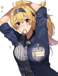 Rule 34 | 1girl, alternate costume, alternate hairstyle, arms up, bad id, bad twitter id, blonde hair, blue eyes, blue hairband, blue shirt, blush, breast pocket, breasts, buttons, character name, collared shirt, flying sweatdrops, gambier bay (kancolle), hair between eyes, hair tie, hair tie in mouth, hairband, highres, holding, holding hair, inusaka, kantai collection, large breasts, lawson, long hair, messy hair, mouth hold, name tag, pen, pocket, ponytail, shirt, short sleeves, sidelocks, simple background, solo, sweat, tearing up, twintails, tying hair, upper body, white background