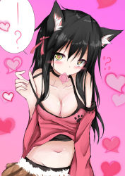 Rule 34 | 1girl, ?, animal ears, bare shoulders, black hair, blouse, blush, breasts, cat ears, cat girl, cleavage, commentary request, condom, condom in mouth, hair between eyes, heart, heart-shaped pupils, heart background, highres, horomasa, long hair, looking at viewer, medium breasts, miniskirt, mouth hold, navel, original, pink background, pink shirt, pulled by self, shirt, skirt, solo, spoken heart, spoken question mark, stomach, symbol-shaped pupils, tagme, yellow eyes