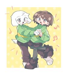 Rule 34 | 1boy, 1other, animal, animal ears, asechiruk, asriel dreemurr, barefoot, black socks, brown eyes, brown footwear, brown hair, brown pants, brown shorts, chara (undertale), deltarune, furry, goat, goat boy, goat ears, goat horns, goat tail, green sweater, highres, horns, long sleeves, looking at viewer, musical note, open mouth, pants, polka dot, polka dot background, red eyes, shoes, shorts, socks, standing, striped clothes, striped sweater, sweater, tail, undertale, very long ears, yellow background