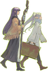 Rule 34 | 2girls, absurdres, bag, black coat, black footwear, black pantyhose, blue jacket, blunt bangs, boots, briefcase, brown footwear, brown shawl, closed mouth, coat, dress, earrings, elf, fern (sousou no frieren), floating hair, frieren, from side, full body, green outline, grey hair, hair ornament, hair over shoulder, hairclip, half updo, happy, highres, holding, holding bag, holding staff, jacket, jewelry, long hair, long sleeves, looking ahead, multiple girls, outline, pantyhose, pointy ears, profile, purple hair, qianyu rainz, shawl, simple background, sleeves past wrists, smile, sousou no frieren, staff, straight hair, twintails, white background, white coat, white dress, winter clothes