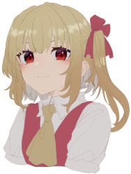 Rule 34 | 1girl, alternate hair color, aoi (annbi), ascot, blush, bow, brown ascot, brown hair, closed mouth, collared shirt, dress, flandre scarlet, grey shirt, hair between eyes, hair bow, highres, light brown hair, looking at viewer, one side up, pointy ears, puffy short sleeves, puffy sleeves, purple bow, red dress, shirt, short sleeves, simple background, smile, solo, touhou, upper body, white background
