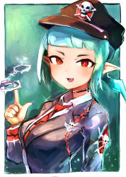 Rule 34 | 1girl, aqua hair, beat cop from the underworld, blunt bangs, border, choker, cuffs, duel monster, fang, hand up, handcuffs, hat, hatano kiyoshi, highres, index finger raised, long sleeves, looking at viewer, necktie, open mouth, outside border, pointy ears, red eyes, short hair, skull and crossbones, solo, upper body, white border, yu-gi-oh!