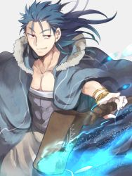 Rule 34 | 1boy, blue hair, cape, cu chulainn (caster) (fate), cu chulainn (fate), cu chulainn (fate/stay night), fate/grand order, fate (series), long hair, male focus, nikame, ponytail, red eyes, simple background, solo, staff