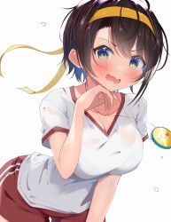 Rule 34 | 1girl, absurdres, aqua eyes, blue eyes, blush, breasts, brown hair, embarrassed, gym shirt, gym uniform, headband, highres, hololive, kuno (kc9s), large breasts, looking at viewer, oozora subaru, red shorts, see-through, see-through shirt, shirt, shorts, single hair ring, solo, stopwatch, sweat, swept bangs, virtual youtuber, watch, wavy mouth, white shirt, yellow headband