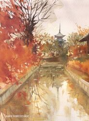 Rule 34 | architecture, autumn, autumn leaves, bare tree, building, day, east asian architecture, grey sky, nara watercolor, no humans, original, painting (medium), reflection, reflective water, river, riverbank, sky, traditional media, tree, water, watercolor (medium)