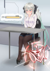 Rule 34 | 1girl, absurdres, belt, between legs, black bow, black footwear, black pantyhose, black skirt, blue eyes, blue hair, blue trim, blush, bow, braid, breasts, buttons, chair, closed mouth, collarbone, collared shirt, command spell, embarrassed, fate/grand order, fate (series), female focus, full body, gameplay mechanics, gradient hair, grey hair, hair bow, hand between legs, have to pee, high heels, highres, ikayaki-san, indoors, japanese text, knees together feet apart, long hair, long sleeves, looking down, medium breasts, miniskirt, morgan le fay (fate), multicolored hair, nose blush, office chair, office lady, on chair, pantyhose, pencil skirt, ponytail, shirt, shirt tucked in, shoes, side slit, sidelocks, sitting, skirt, solo, split mouth, swivel chair, table, translation request, trembling, two-tone hair, urine meter, very long hair, white shirt