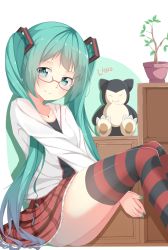 Rule 34 | 1girl, aqua eyes, aqua hair, artist name, creatures (company), from side, game freak, gen 1 pokemon, glasses, hatsune miku, kocchi muite baby (vocaloid), l4no, long hair, looking at viewer, nail polish, nintendo, plant, pokemon, pokemon (creature), potted plant, sitting, skirt, smile, snorlax, solo, striped clothes, striped thighhighs, thighhighs, twintails, very long hair, vocaloid
