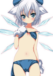 Rule 34 | 1girl, animal ears, bikini, bikini top lift, blue bikini, blue eyes, blush, bow, breasts, cameltoe, cat ears, cat tail, cirno, clothes lift, hair bow, highres, kemonomimi mode, lifting own clothes, ma-yu, navel, short hair, silver hair, small breasts, solo, swimsuit, tail, touhou, wings