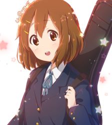 Rule 34 | 1girl, arm up, atu, bad id, bad pixiv id, blue jacket, brown eyes, brown hair, buttons, commentary request, guitar case, hair between eyes, hair ornament, hairclip, head tilt, hirasawa yui, instrument case, jacket, k-on!, light blush, light particles, long sleeves, looking at viewer, necktie, open mouth, sakuragaoka high school uniform, school uniform, shirt, short hair, signature, simple background, smile, solo, star (symbol), teeth, twitter username, upper teeth only, white background, white shirt
