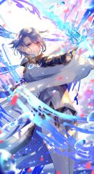 Rule 34 | 1boy, absurdres, arm up, armor, black gloves, bloom, blue hair, blurry, blurry background, blurry foreground, commentary, depth of field, genshin impact, gloves, gold trim, hair between eyes, highres, holding, holding sword, holding weapon, jacket, japanese armor, japanese clothes, kamisato ayato, kuro (skmy3278), liquid weapon, long sleeves, looking at viewer, male focus, mole, mole under mouth, pants, parted bangs, parted lips, purple eyes, short hair, shoulder armor, sidelocks, smile, sode, solo, standing, swept bangs, sword, tassel, vision (genshin impact), water, water drop, weapon, white jacket, white pants, wide sleeves