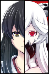 Rule 34 | 10s, 2girls, abyssal ship, akagi (kancolle), black hair, brown eyes, covered mouth, h-new, japanese clothes, kantai collection, long hair, looking at viewer, midway princess, multiple girls, pale skin, portrait, red eyes, serious, split screen, split theme, white hair