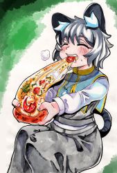 Rule 34 | 1girl, animal ear fluff, animal ears, blue capelet, blush, capelet, cheese, cheese trail, closed eyes, commentary, crystal, eating, feet out of frame, food, grey hair, grey skirt, grey vest, highres, inuyama konan, jewelry, long sleeves, mouse ears, mouse girl, mouse tail, nazrin, open mouth, pendant, pepperoni, pizza, pizza slice, shirt, short hair, skirt, skirt set, solo, tail, touhou, vest, white shirt