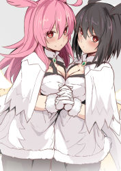 Rule 34 | 2girls, black hair, breasts, cape, cleavage, commentary request, fate/grand order, fate (series), gloves, hair between eyes, head wings, hildr (fate), hildr (ring the bell) (fate), holding hands, jacket, large breasts, long hair, looking at viewer, multiple girls, ortlinde (fate), ortlinde (ring the bell) (fate), pink hair, red eyes, ribbon, shiseki hirame, short hair, valkyrie (fate), white gloves, wings