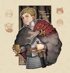 Rule 34 | 1boy, armor, artist name, blonde hair, chibi, chibi inset, chilchuck tims, cloak, copyright name, cropped torso, cup, dungeon meshi, fur cloak, hands up, holding, holding cup, holding sword, holding weapon, izutsumi, laios touden, looking at viewer, making-of available, male focus, marcille donato, outline, parted lips, pelt, pitachokscale, plate armor, scales, senshi (dungeon meshi), short hair, smile, solo, sword, vambraces, weapon, white outline