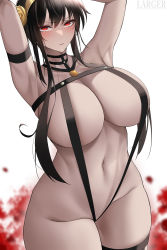 Rule 34 | 1girl, absurdres, adapted costume, alternate breast size, arm strap, armband, armpits, arms up, bikini, black bikini, blood, blood splatter, blush, breasts, choker, closed mouth, collarbone, curvy, hairband, highres, huge breasts, larger bmx, long hair, looking at viewer, navel, red eyes, revealing clothes, sidelocks, slingshot swimsuit, solo, spy x family, stomach, swimsuit, yor briar