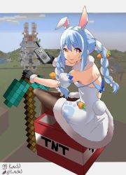 Rule 34 | 1girl, absurdres, animal ear fluff, animal ears, blue hair, blush, braid, breasts, carrot hair ornament, explosive, food-themed hair ornament, gloves, hair ornament, hey moona, highres, holding, holding walkie-talkie, hololive, letterboxed, long hair, looking at viewer, minecraft, multicolored hair, open mouth, pantyhose, pekodam, pickaxe, rabbit ears, rabbit girl, rabbit tail, smile, solo, tnt, tnt block (minecraft), twin braids, two-tone hair, usada pekora, usada pekora (1st costume), virtual youtuber, walkie-talkie, white hair