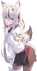 Rule 34 | 1girl, absurdres, ahoge, animal ear fluff, animal ears, black pantyhose, black skirt, blue eyes, blush, rabbit hair ornament, copyright request, cowboy shot, extra ears, fang, finger to own chin, fox ears, fox girl, fox tail, green eyes, hair ornament, heterochromia, highres, hood, hood down, jun (aousa0328), looking at viewer, midriff peek, open mouth, pantyhose, pink ribbon, ribbon, simple background, skin fang, skirt, solo, star (symbol), sweater, tail, thigh strap, twintails, white background, white sweater
