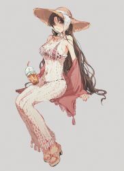 Rule 34 | amidura, bikini, black bikini, black hair, breasts, brown footwear, brown hat, bubble tea, chest tattoo, closed mouth, commentary request, cup, disposable cup, drinking straw, facial mark, fate/extra, fate/extra ccc, fate/grand order, fate (series), feet, fingernails, forehead mark, forehead tattoo, hat, high heels, holding, holding cup, invisible chair, korean commentary, large breasts, legs, long hair, looking at viewer, multicolored hair, nail polish, parted bangs, pink hair, pink nails, pink shawl, sandals, sessyoin kiara, shawl, sitting, smile, straw hat, streaked hair, swimsuit, tassel, tattoo, toenail polish, toenails, toes, very long hair, yellow eyes