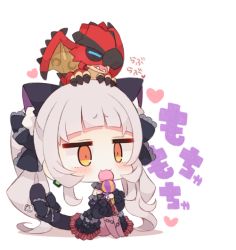 Rule 34 | 1girl, :3, animal, animal ear fluff, animal ears, animal on head, black bow, black dress, black sleeves, blush, bow, brown pantyhose, cat ears, cat girl, cat tail, character request, chibi, closed eyes, detached sleeves, dragon, dress, eating, food, frilled bow, frilled dress, frills, full body, grey hair, hair bow, heart, holding, holding food, hololive, juliet sleeves, knees up, long sleeves, murasaki shion, murasaki shion (gothic lolita), muuran, no shoes, off-shoulder dress, off shoulder, on head, pantyhose, puffy sleeves, signature, sitting, tail, tail bow, tail ornament, translation request, twintails, virtual youtuber, white background