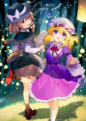 Rule 34 | 2girls, :d, ainy, ankle boots, artist name, bag, black capelet, black footwear, black headwear, black legwear, black skirt, blonde hair, blush, boots, bow, bowtie, brown eyes, brown hair, capelet, commentary request, dress, fedora, feet out of frame, grass, hair between eyes, hair bow, hat, hat bow, high heel boots, high heels, highres, holding, holding newspaper, juliet sleeves, light particles, long sleeves, looking at another, looking at viewer, maribel hearn, miniskirt, mob cap, multiple girls, newspaper, open mouth, petticoat, puffy sleeves, purple dress, purple eyes, red bow, red neckwear, revision, satchel, shadow, shirt, short hair, skirt, smile, socks, standing, standing on one leg, touhou, translation request, twitter username, usami renko, white bow, white headwear, white legwear, white shirt, wide sleeves